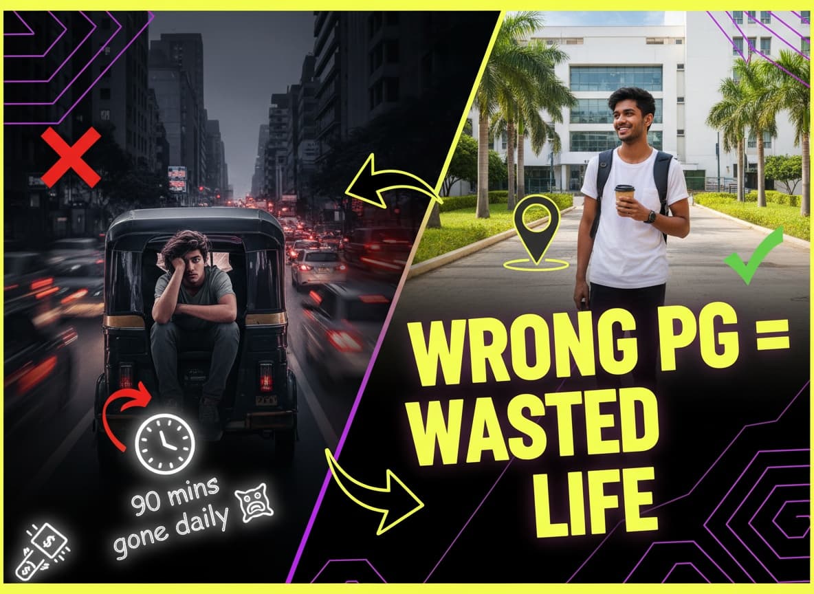 Ahmedabad PG location comparison showing commute stress versus a better-located stay