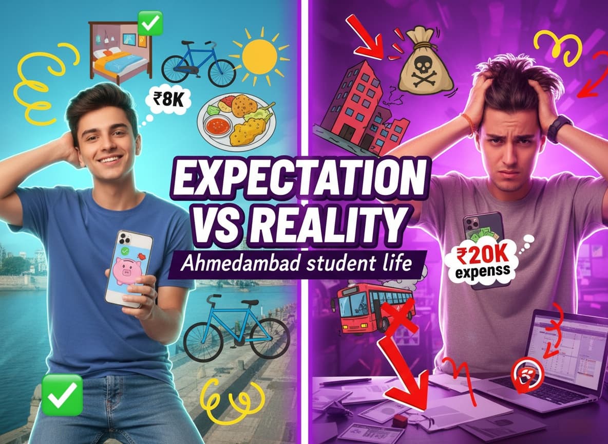 Expectation versus reality visual for Ahmedabad PG life and working professional choices