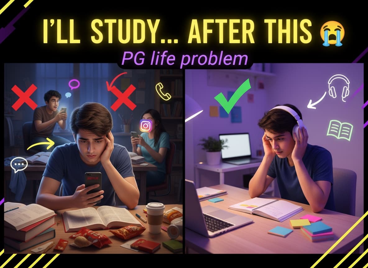 Student choosing between distraction-heavy and focused PG study environments