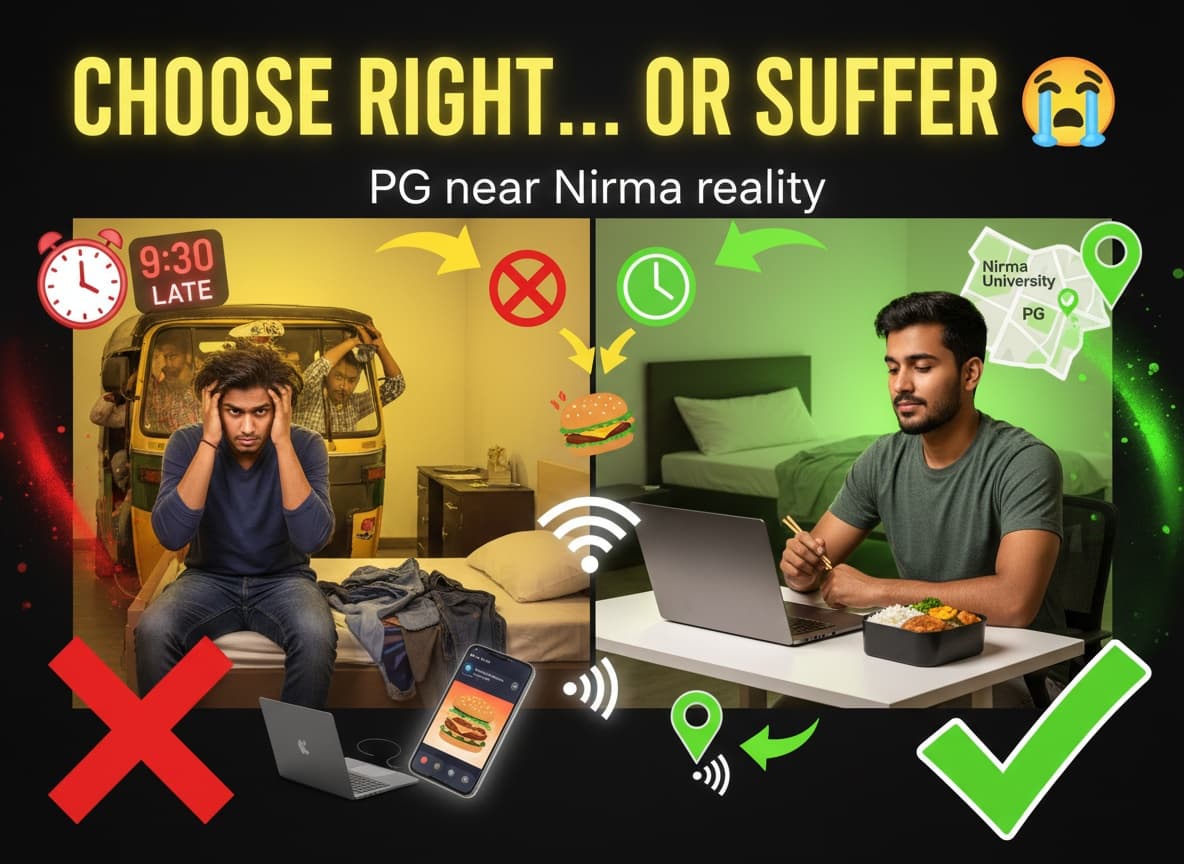 Student comparing poor PG choices with a better PG near Nirma University